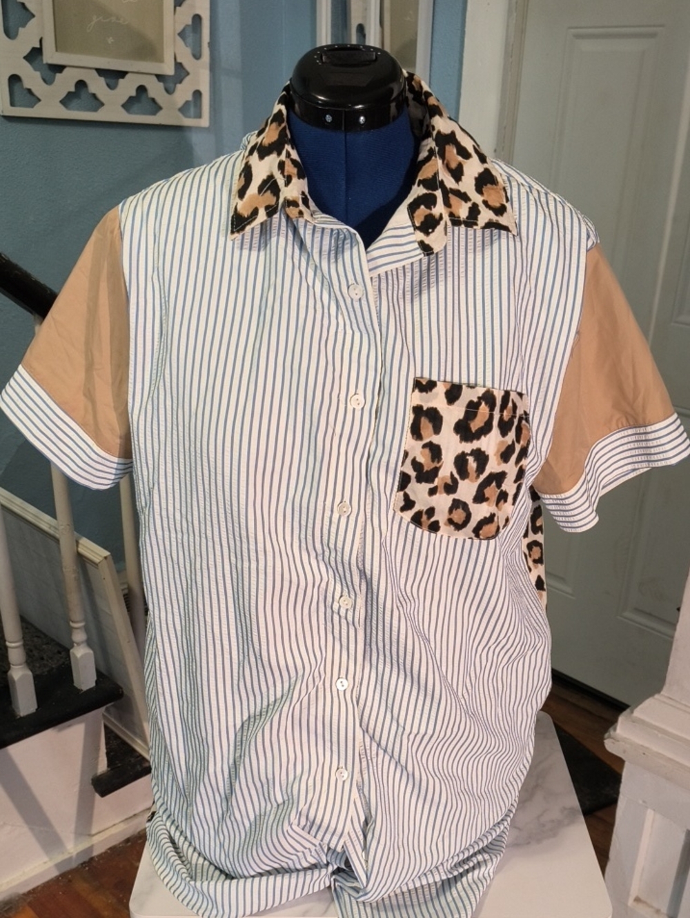 Entro Striped Short-Sleeve Button-Up Shirt with Leopard Trim - Pockets